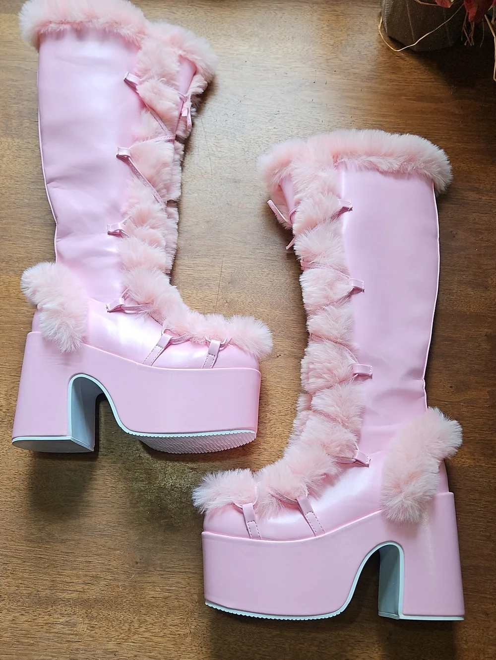 Pink Platform Knee-High Faux Fur Trim Boots - Women Pleather-Vinyl